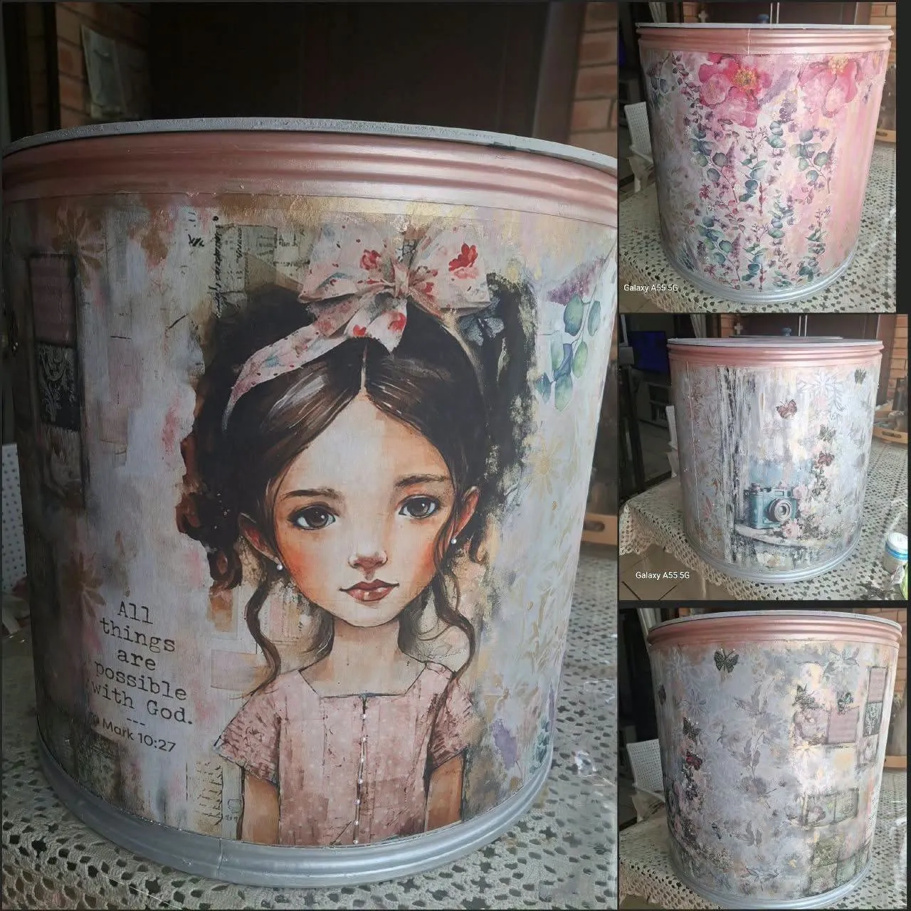 Decoupage fibre drum with a girl and a verse