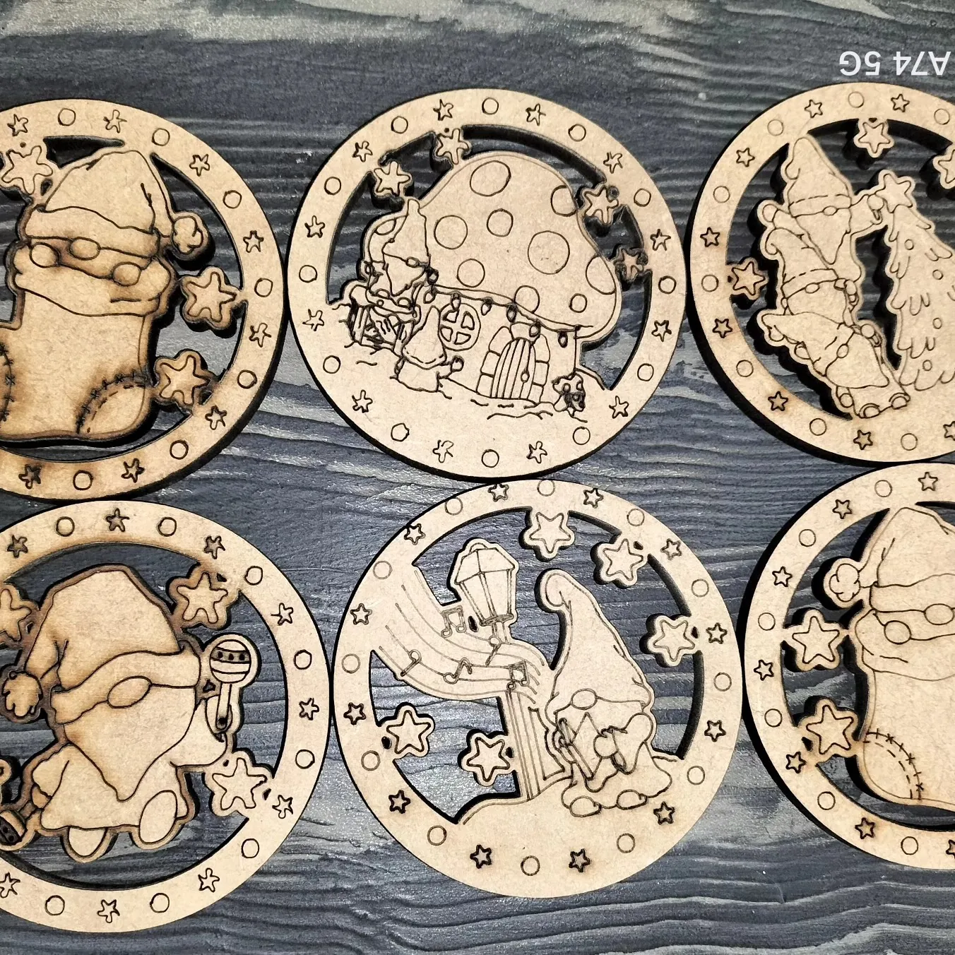 Laser-engraved gnome coasters