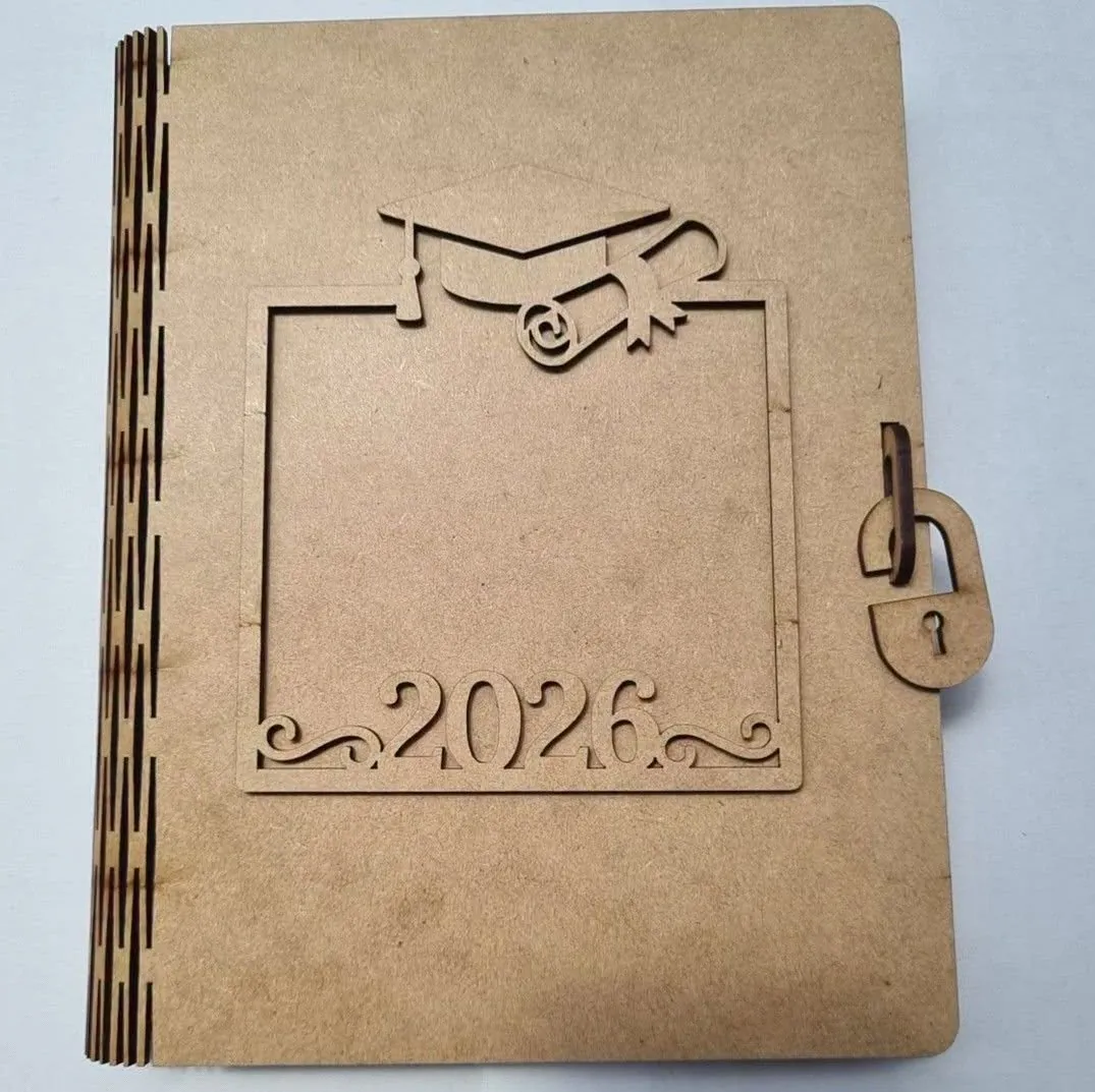 Laser-cut graduation photo book box with a 2026 frame and lock